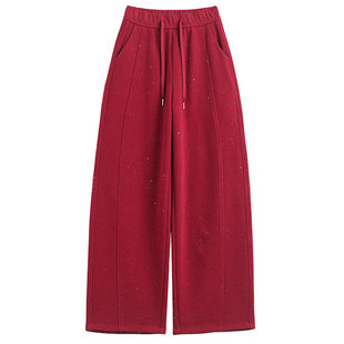 拉夏贝尔中国红烫金弯刀阔腿裤女春秋冬休闲垂感加绒直筒香蕉裤子