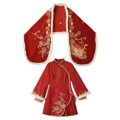 森女部落原创新中式改良式旗袍裙披肩套装女2025年冬季新款女装