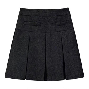 烟灰色高级感毛呢半身裙女秋冬格雷系A字中裙小个子高腰百褶短裙
