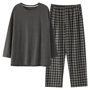 2025年新款睡衣女春秋季纯棉长袖纯色圆领格子休闲简约家居服套装