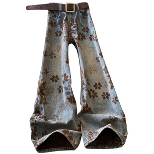 复古提花阔腿牛仔裤女冬季加绒提花高腰宽松显瘦美式高街弯刀裤潮