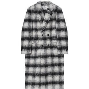 高级感水波纹羊毛呢格子大衣男士中长款加厚长毛宽松外套冬季风衣