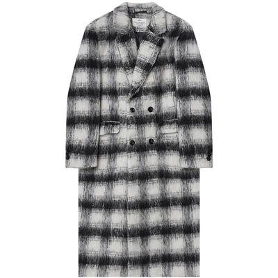 高级感水波纹羊毛呢格子大衣男士中长款加厚长毛宽松外套冬季风衣