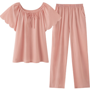 马克公主睡衣女款夏季梭织纯棉短袖长裤甜美少女艺术生纱布家居服