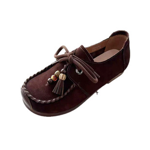 冰洁女鞋2025秋季款真皮圆头平跟软底复古豆豆鞋休闲单鞋32-25111