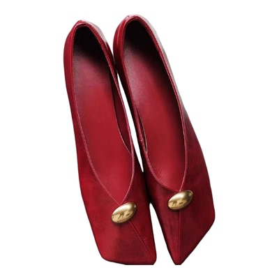 羊皮法式中古方头浅口奶奶鞋