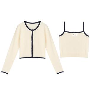 紫涵针织长袖毛衣开衫+吊带两件套女春秋新款小个子甜美上衣套装