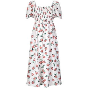 宝姿PORTSPURE女装夏季草莓印花两穿露肩经典淑女方领甜美连衣裙