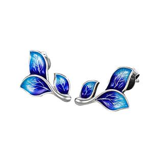 九乐S925纯银烧蓝叶子耳钉女小众高级感纯银耳饰树叶耳环送女友礼