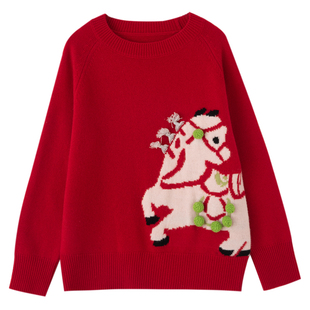 高圆圆同款红色小马手工刺绣100%羊毛衫女圆领本命年新年宽松毛衣