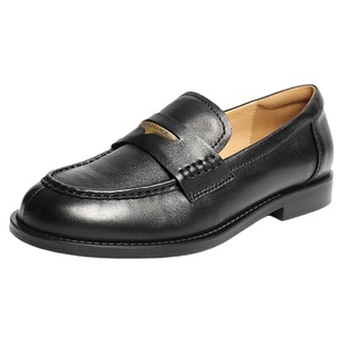 百丽女鞋海鸥乐福一脚蹬羊皮单鞋新款休闲黑色小皮鞋D9X1DCA5