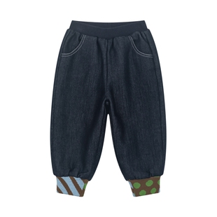 马拉丁童装儿童裤子冬新款女童小童后口袋贴布提花加绒牛仔长裤