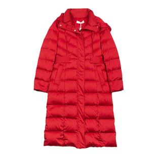 诗梦女装冬季白鸭绒羽绒服连帽红色长款收腰显瘦拉链优雅保暖外套