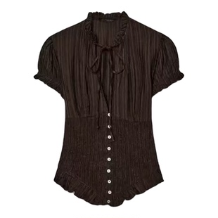 ZA外贸出口女装学院风纹理质感弹力系带蝴蝶结饰构造上衣7521020