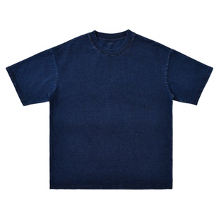 柴米美式复古水洗做旧蓝染T恤男士全棉300g重磅短袖蜡染T阿美咔叽