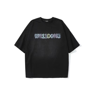 正确版本WE11DONE蜡笔涂鸦印花洗水做旧小领口短袖衫男女宽松T恤