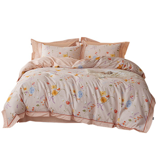 多喜爱家纺全棉四件套纯棉床单床上用品花卉床品嵌条拼边法式套件