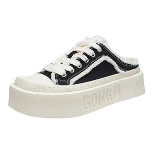 孟子义同款GONGJI半拖帆布鞋女一脚蹬厚底板鞋小众休闲增高小白鞋