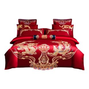 良缘阁龙凤呈囍结婚四件套纯棉高端婚庆床品婚嫁刺绣套件新婚喜被