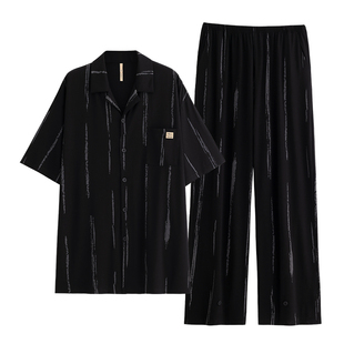 睡衣男士夏季莫代尔棉短袖长裤家居服男款夏天夏款条纹可外穿套装