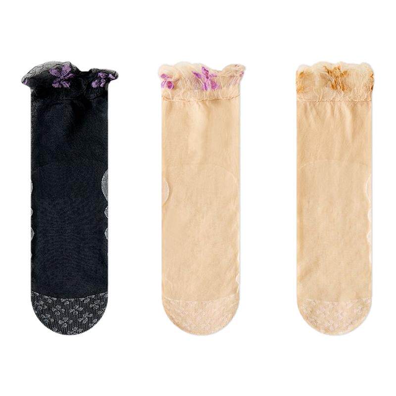 蕾丝花边短袜女夏季超薄款透明水晶袜防勾丝纯棉底袜子隐形防滑潮