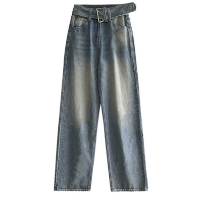 高级感腰带设计阔腿牛仔裤女