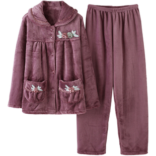 中老年女士长袖睡衣法兰绒中老年人妈妈大码保暖可外穿珊瑚绒套装