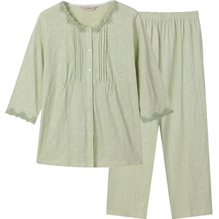 秋鹿针织提花七分袖大码家居服女夏天薄款套装女士睡衣夏款可外穿