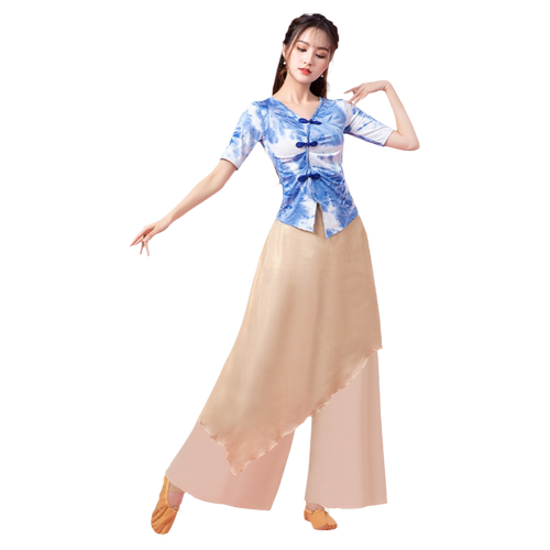 古典舞练功服装女新款身韵扎染上衣中国民族现代舞蹈训练修身短袖