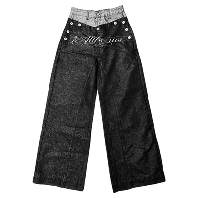 DETW刷蜡银拼接双腰直筒牛仔裤