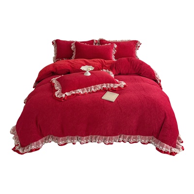 公主风牛奶绒四件套结婚红色