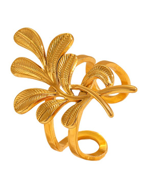 自然植物纹理不锈钢树叶开口戒指