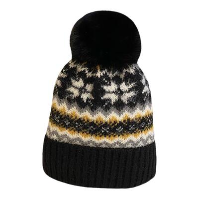 混色毛球加绒保暖毛线帽女冬护耳