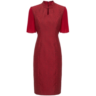 专柜正品马天奴女装夏季新款红色提花旗袍新中式连衣裙短袖长裙