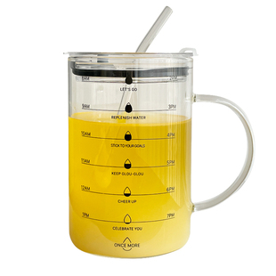 新款刻度吸管杯大容量高硼硅玻璃杯家用带把手喝水杯牛奶果汁杯子