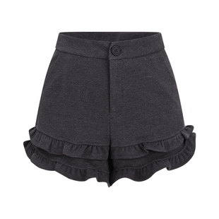MosesQueen魔西女王灰色毛呢短裤秋冬外穿木耳边高腰a字休闲靴裤