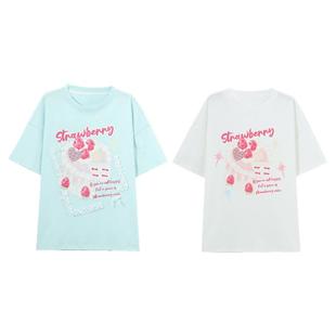 森女部落可爱风蛋糕印花白T恤夏短袖女小个子宽松休闲多巴胺上衣