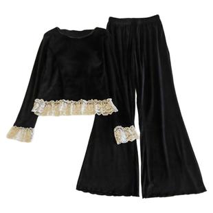 双面绒睡衣女春秋冬季长袖长裤蕾丝边性感海岛绒带胸垫家居服套装