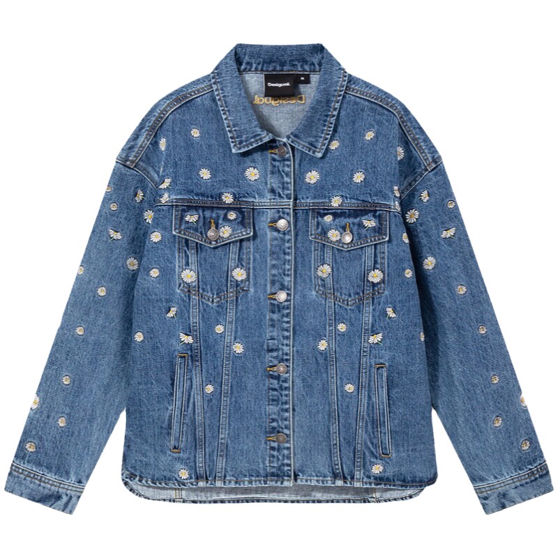 Desigual【博主推荐】廓形小雏菊刺绣翻领牛仔中蓝丹宁夹克外套