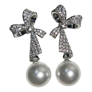 【蝴蝶结丝带】强光仿海水珍珠冷光澳白耳钉满钻轻奢s925银针耳饰