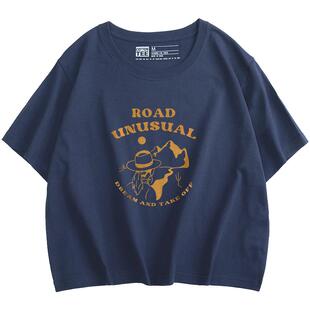 法式abg辣妹风深蓝色短t恤女短袖宽松显瘦高腰小个子短款半袖上衣