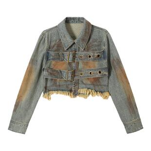 BAK原创设计千禧复古水洗套色牛仔上衣废土女毛绒细节衬衫短外套