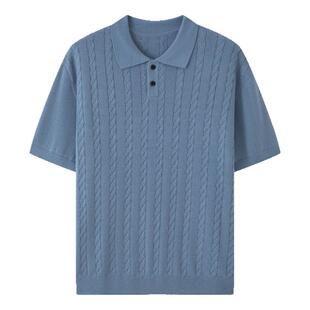 流石男装冰蓝麦穗纹针织POLO衫2026年夏季男款vibe复古短袖T恤衫
