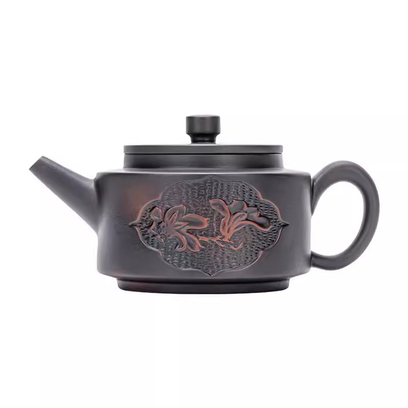 建水紫陶紫泥浮雕德钟手工茶壶