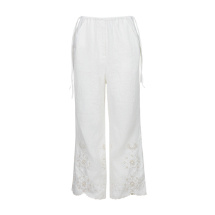 Bettychow 丝麻刺绣白色9分休闲阔腿裤法式通勤夏季时尚长腿神裤