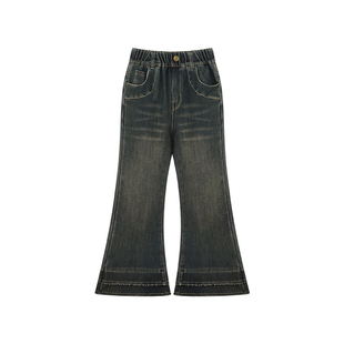 Amybaby女童裤子冬季2025新款冬季洋气百搭加绒拼接感牛仔喇叭裤