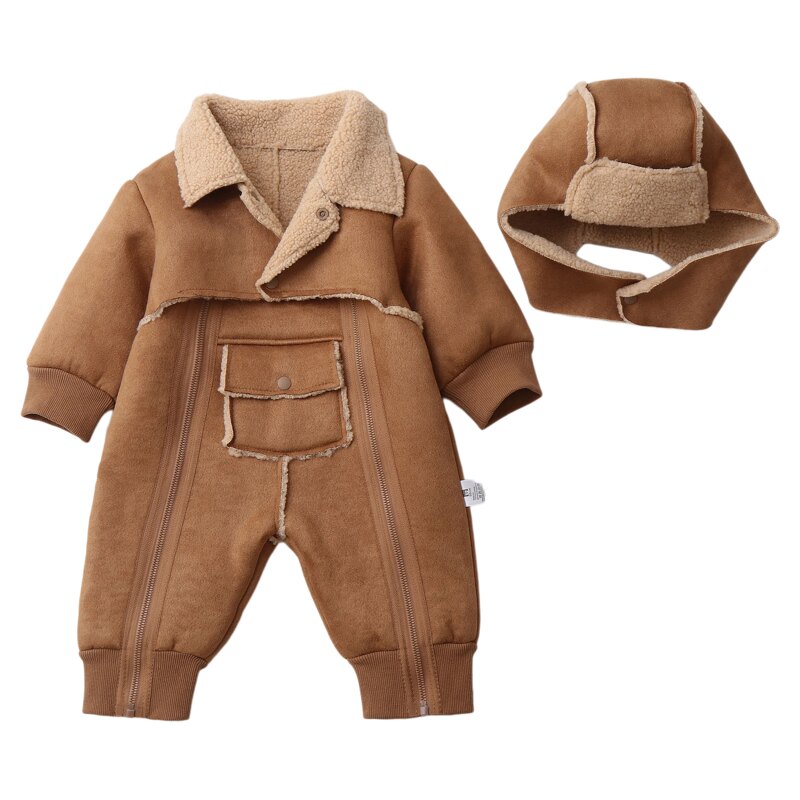皮毛一体冬季可爱保暖连体衣婴儿加绒外出服冬装洋气爬服超萌哈衣
