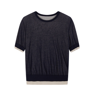 LESS夏薄款圆领撞色打底内搭短袖毛衫优雅套头针织衫女2P4311220