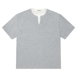 CLIMAX VISION假两件刺绣双层V领宽松百搭短袖T恤舒适透气圆领TEE