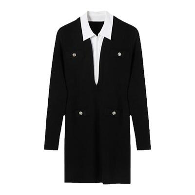 H·GENTEEL荷高新款冬装女拼接假两件衬衫黑色羊毛连衣裙女